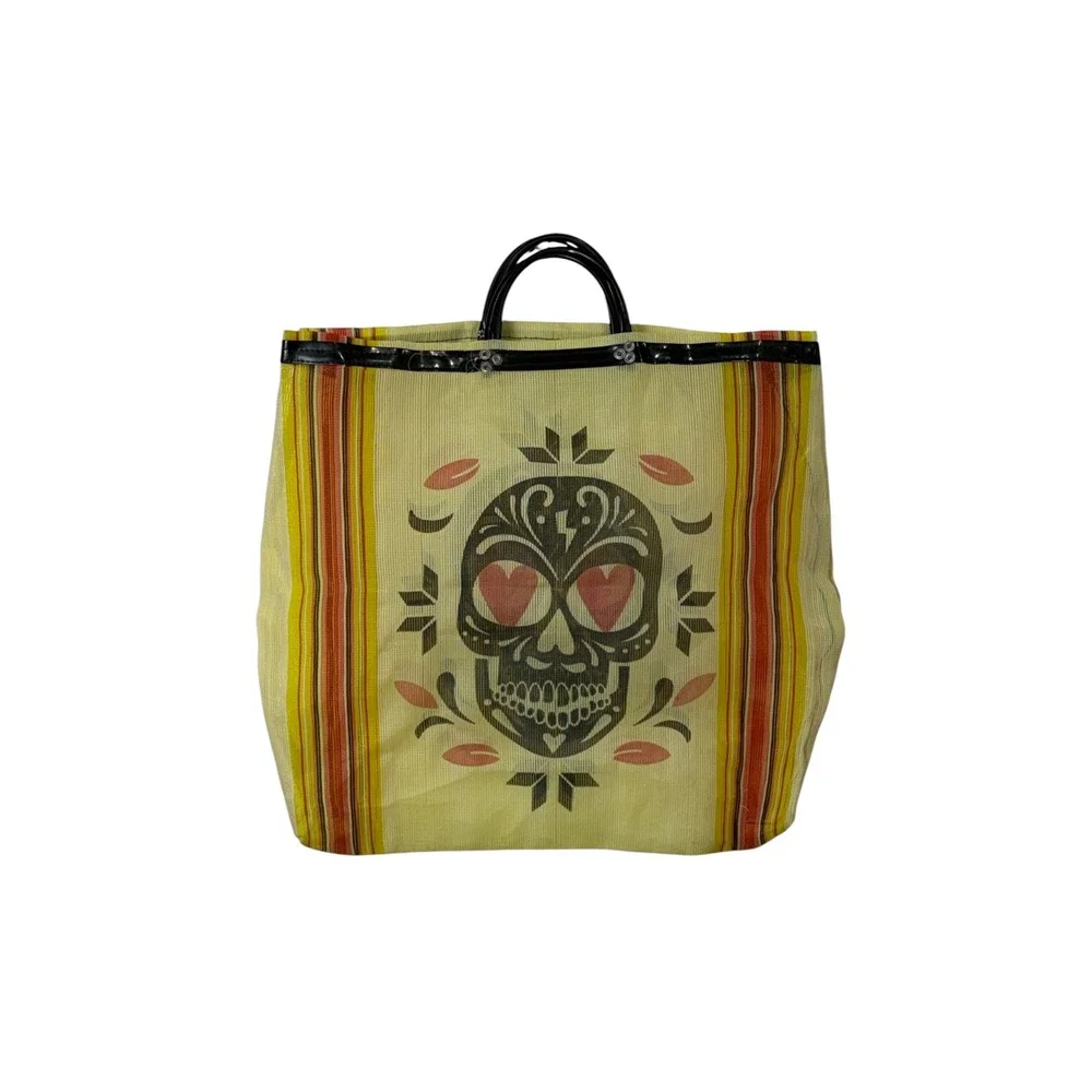 Dia de los Muertos Yellow Skull Mesh Market Tote Bag, OS